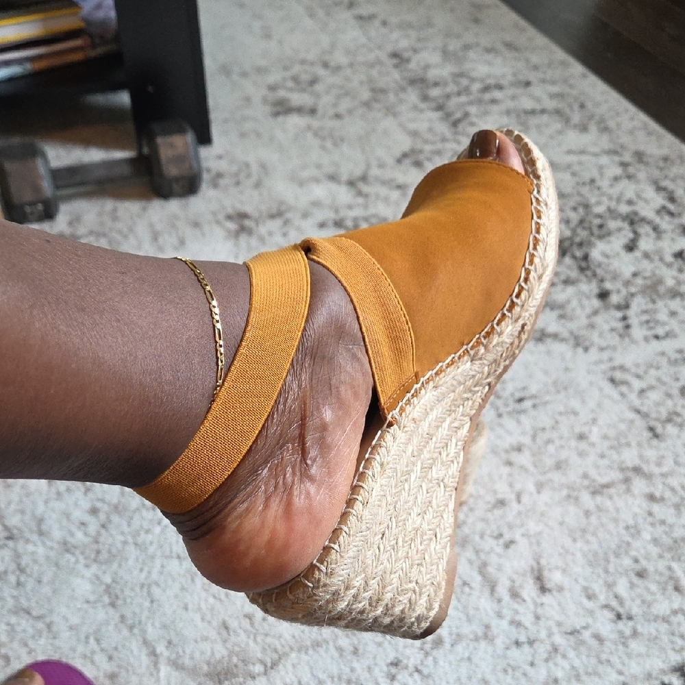 Tan Espadrille Wedge Sandals with Adjustable Strap - Picture 4 of 9